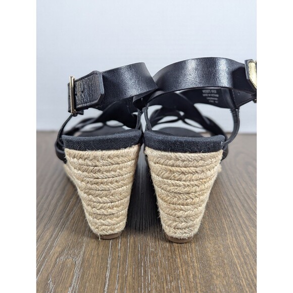 Cole Haan Crystal Strappy Leather Wedges Sandals Womens 8.5 Black Jute Heel Logo - Picture 10 of 15